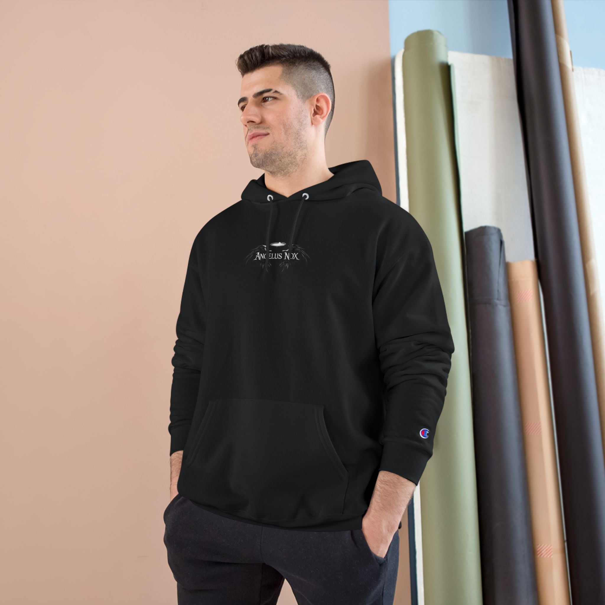 Champion Hoodie — Small Centered 'Angels Nox' Gothic Wing Logo Hoodie