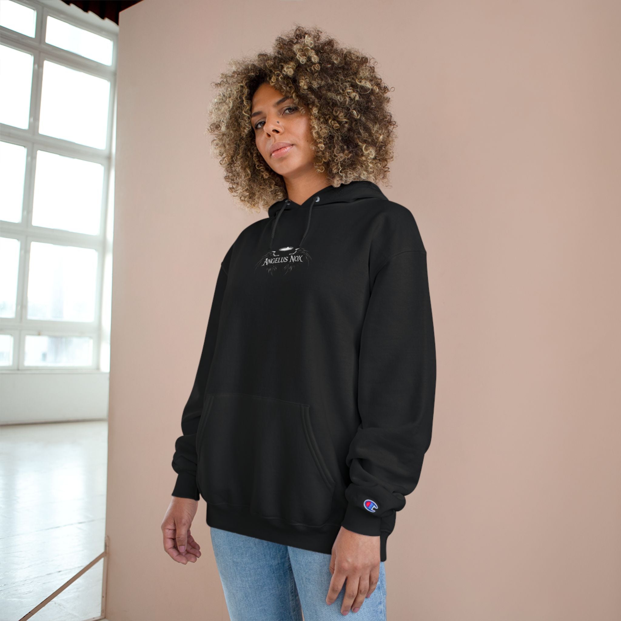 Champion Hoodie — Small Centered 'Angels Nox' Gothic Wing Logo Hoodie